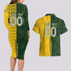 Personalised Matildas Mascot Couples Matching Long Sleeve Bodycon Dress and Hawaiian Shirt Australia Football Topographic