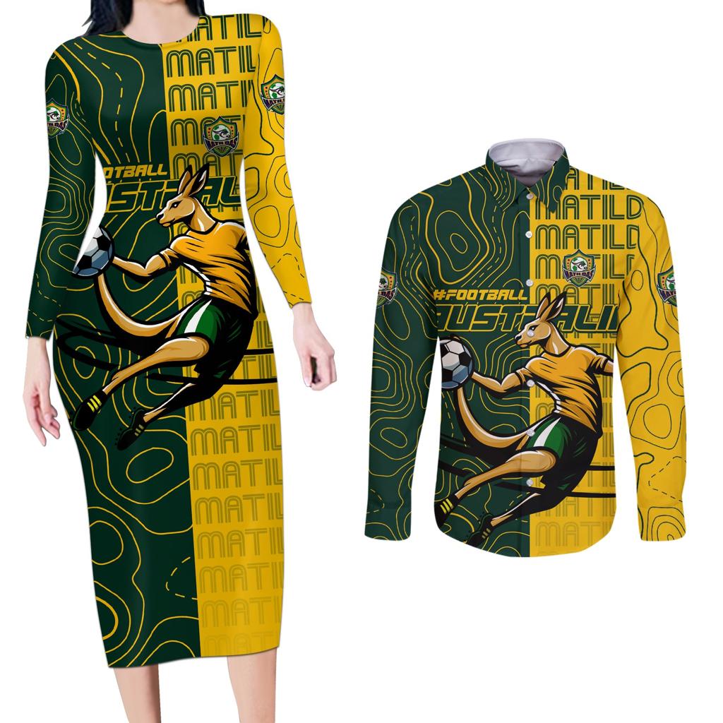 Personalised Matildas Mascot Couples Matching Long Sleeve Bodycon Dress and Long Sleeve Button Shirt Australia Football Topographic