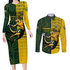 Personalised Matildas Mascot Couples Matching Long Sleeve Bodycon Dress and Long Sleeve Button Shirt Australia Football Topographic