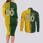 Personalised Matildas Mascot Couples Matching Long Sleeve Bodycon Dress and Long Sleeve Button Shirt Australia Football Topographic