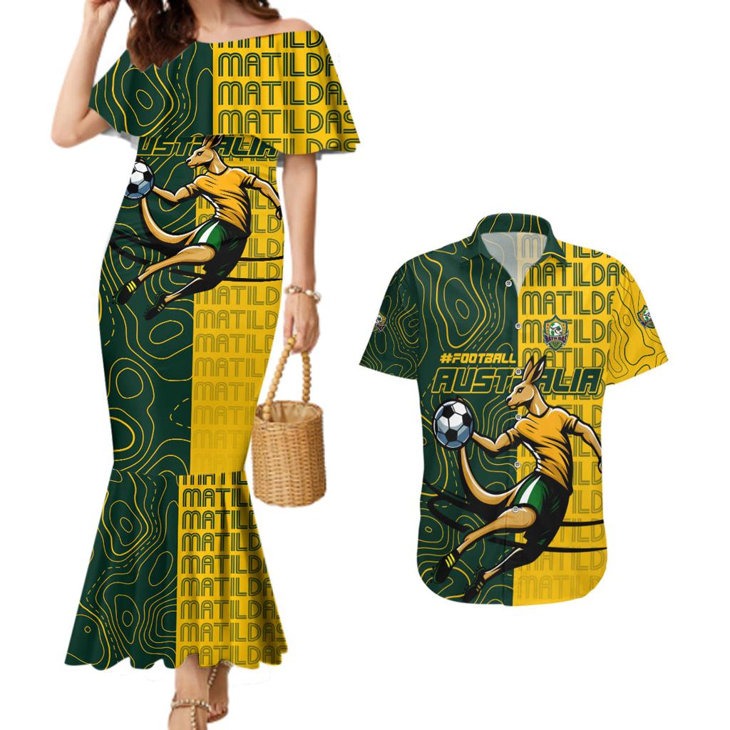 Personalised Matildas Mascot Couples Matching Mermaid Dress and Hawaiian Shirt Australia Football Topographic