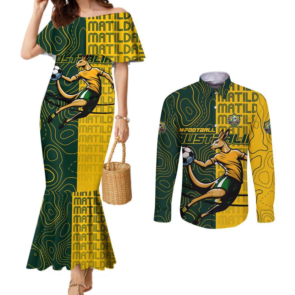 Personalised Matildas Mascot Couples Matching Mermaid Dress and Long Sleeve Button Shirt Australia Football Topographic