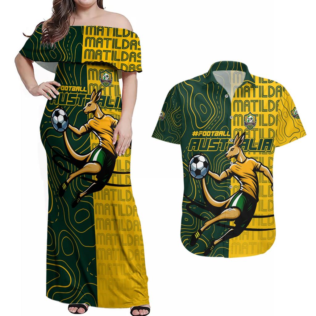 Personalised Matildas Mascot Couples Matching Off Shoulder Maxi Dress and Hawaiian Shirt Australia Football Topographic