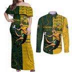Personalised Matildas Mascot Couples Matching Off Shoulder Maxi Dress and Long Sleeve Button Shirt Australia Football Topographic