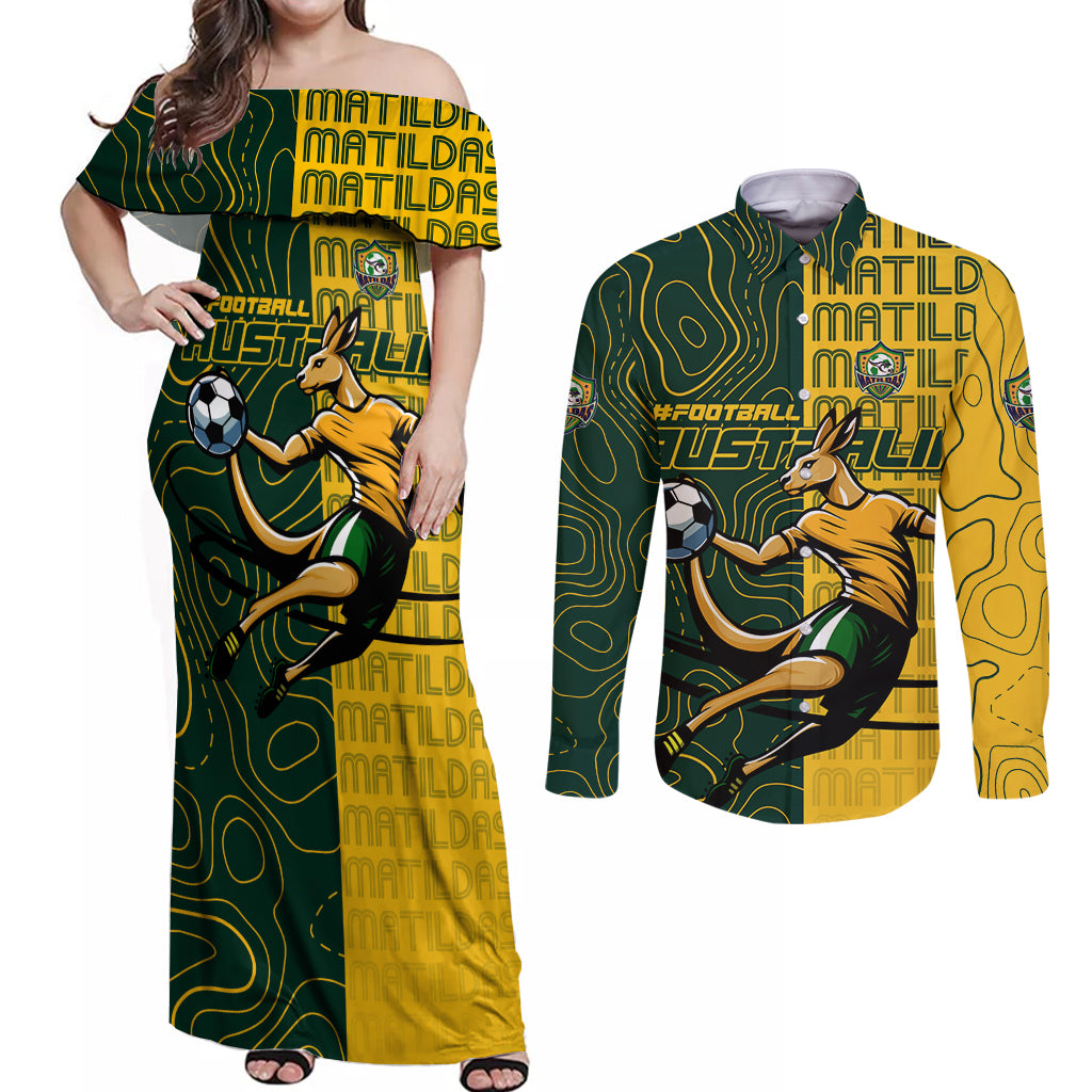 Personalised Matildas Mascot Couples Matching Off Shoulder Maxi Dress and Long Sleeve Button Shirt Australia Football Topographic