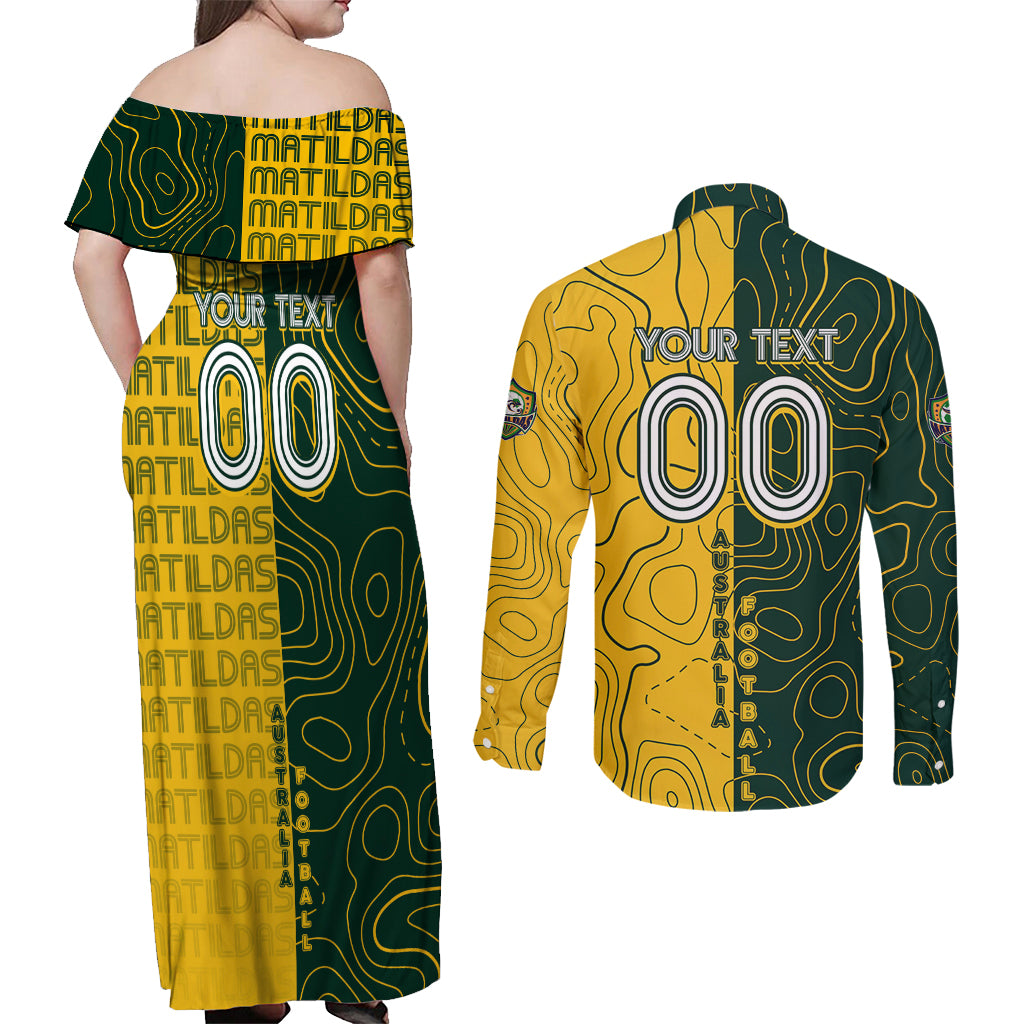 Personalised Matildas Mascot Couples Matching Off Shoulder Maxi Dress and Long Sleeve Button Shirt Australia Football Topographic