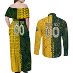 Personalised Matildas Mascot Couples Matching Off Shoulder Maxi Dress and Long Sleeve Button Shirt Australia Football Topographic