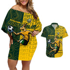 Personalised Matildas Mascot Couples Matching Off Shoulder Short Dress and Hawaiian Shirt Australia Football Topographic