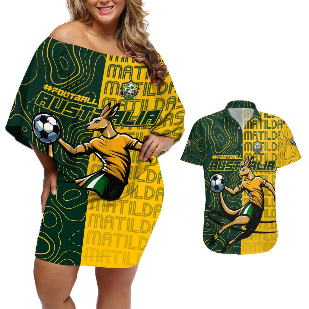Personalised Matildas Mascot Couples Matching Off Shoulder Short Dress and Hawaiian Shirt Australia Football Topographic