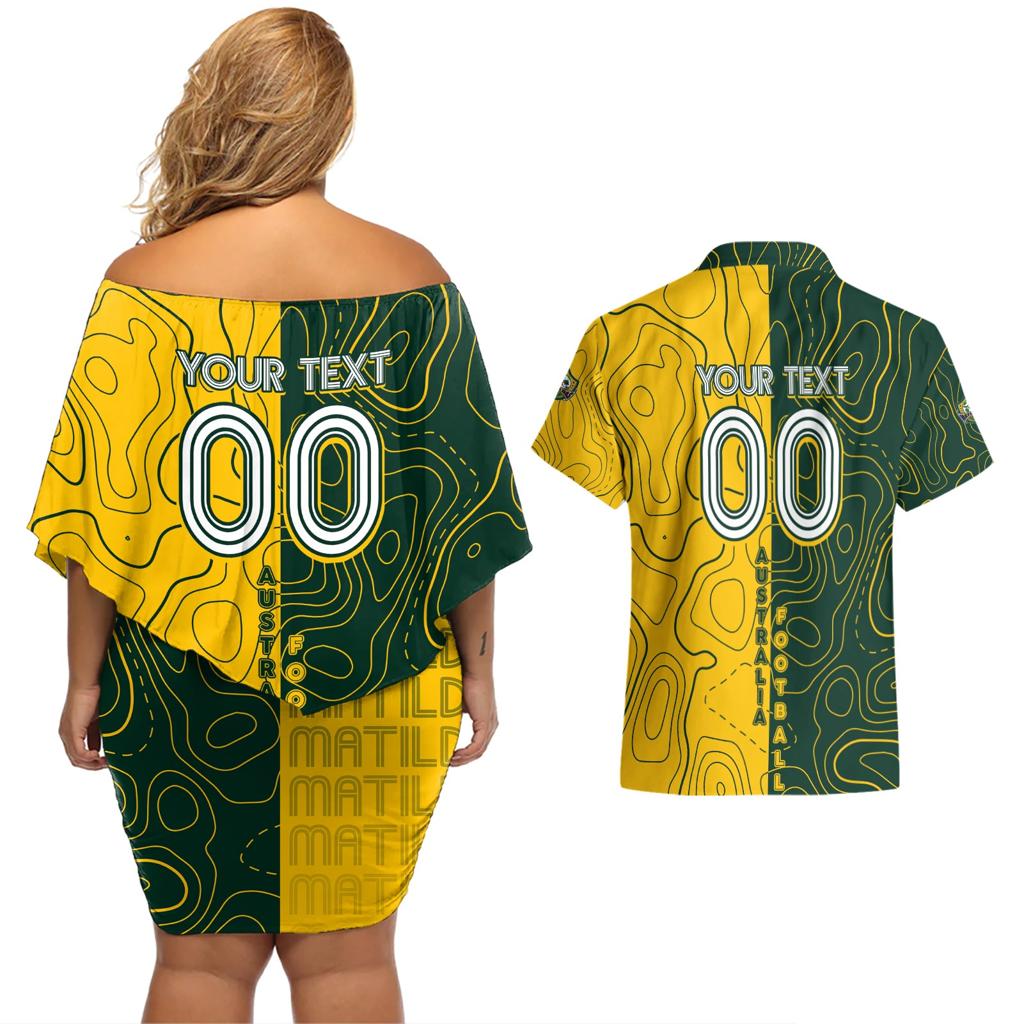 Personalised Matildas Mascot Couples Matching Off Shoulder Short Dress and Hawaiian Shirt Australia Football Topographic