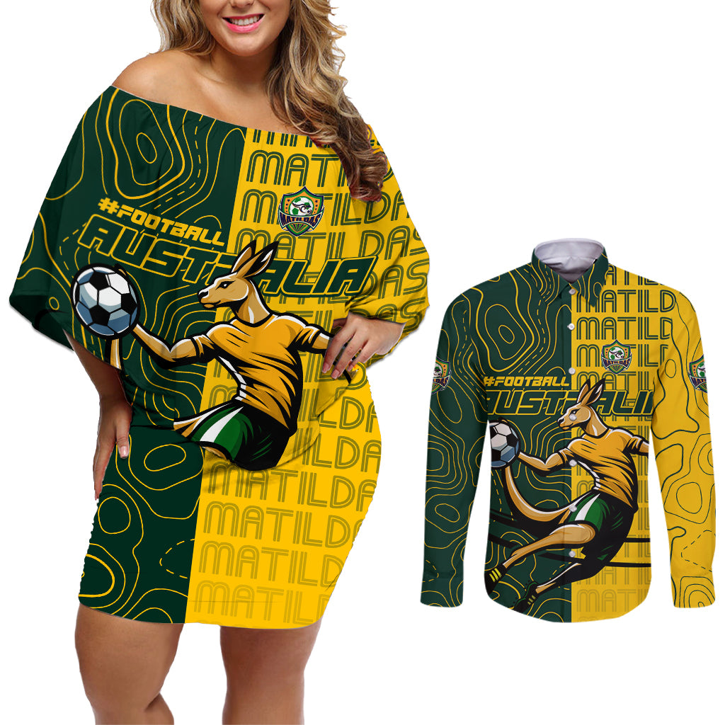 Personalised Matildas Mascot Couples Matching Off Shoulder Short Dress and Long Sleeve Button Shirt Australia Football Topographic