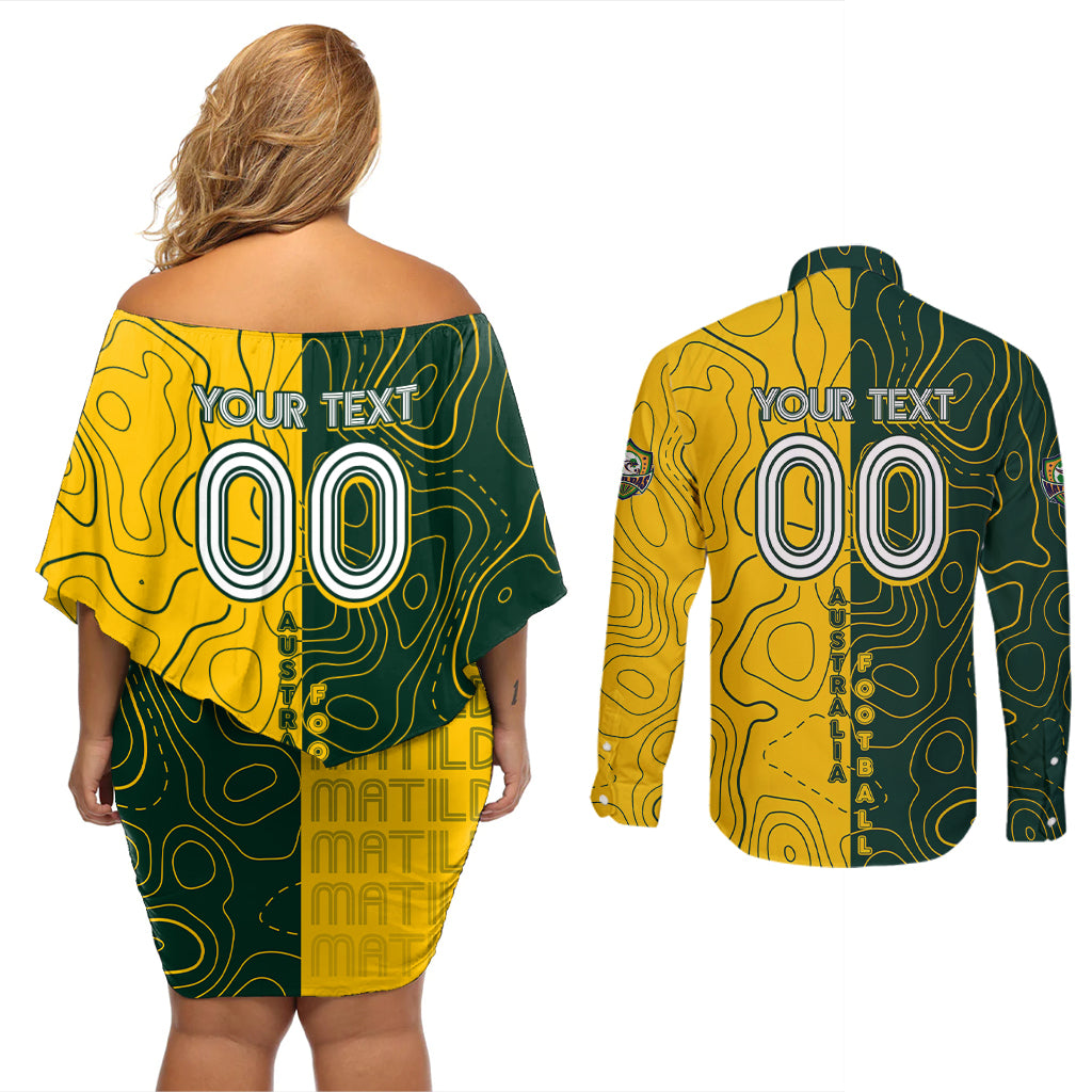 Personalised Matildas Mascot Couples Matching Off Shoulder Short Dress and Long Sleeve Button Shirt Australia Football Topographic