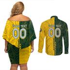 Personalised Matildas Mascot Couples Matching Off Shoulder Short Dress and Long Sleeve Button Shirt Australia Football Topographic
