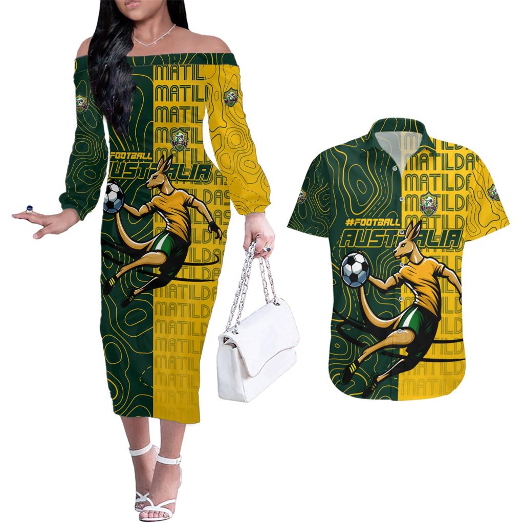 Personalised Matildas Mascot Couples Matching Off The Shoulder Long Sleeve Dress and Hawaiian Shirt Australia Football Topographic