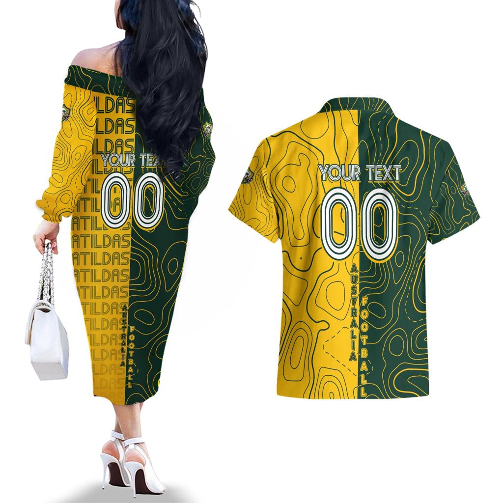 Personalised Matildas Mascot Couples Matching Off The Shoulder Long Sleeve Dress and Hawaiian Shirt Australia Football Topographic