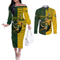 Personalised Matildas Mascot Couples Matching Off The Shoulder Long Sleeve Dress and Long Sleeve Button Shirt Australia Football Topographic