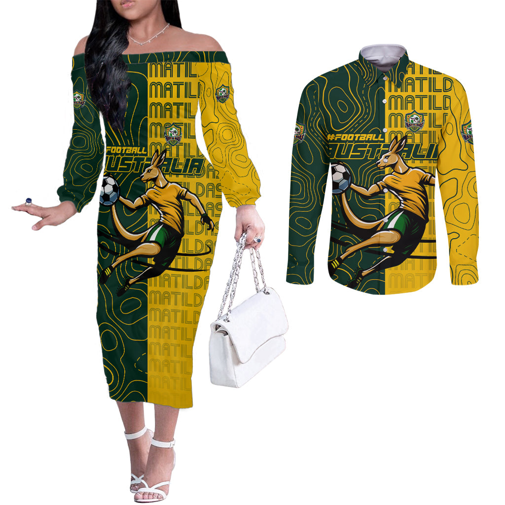 Personalised Matildas Mascot Couples Matching Off The Shoulder Long Sleeve Dress and Long Sleeve Button Shirt Australia Football Topographic