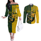 Personalised Matildas Mascot Couples Matching Off The Shoulder Long Sleeve Dress and Long Sleeve Button Shirt Australia Football Topographic