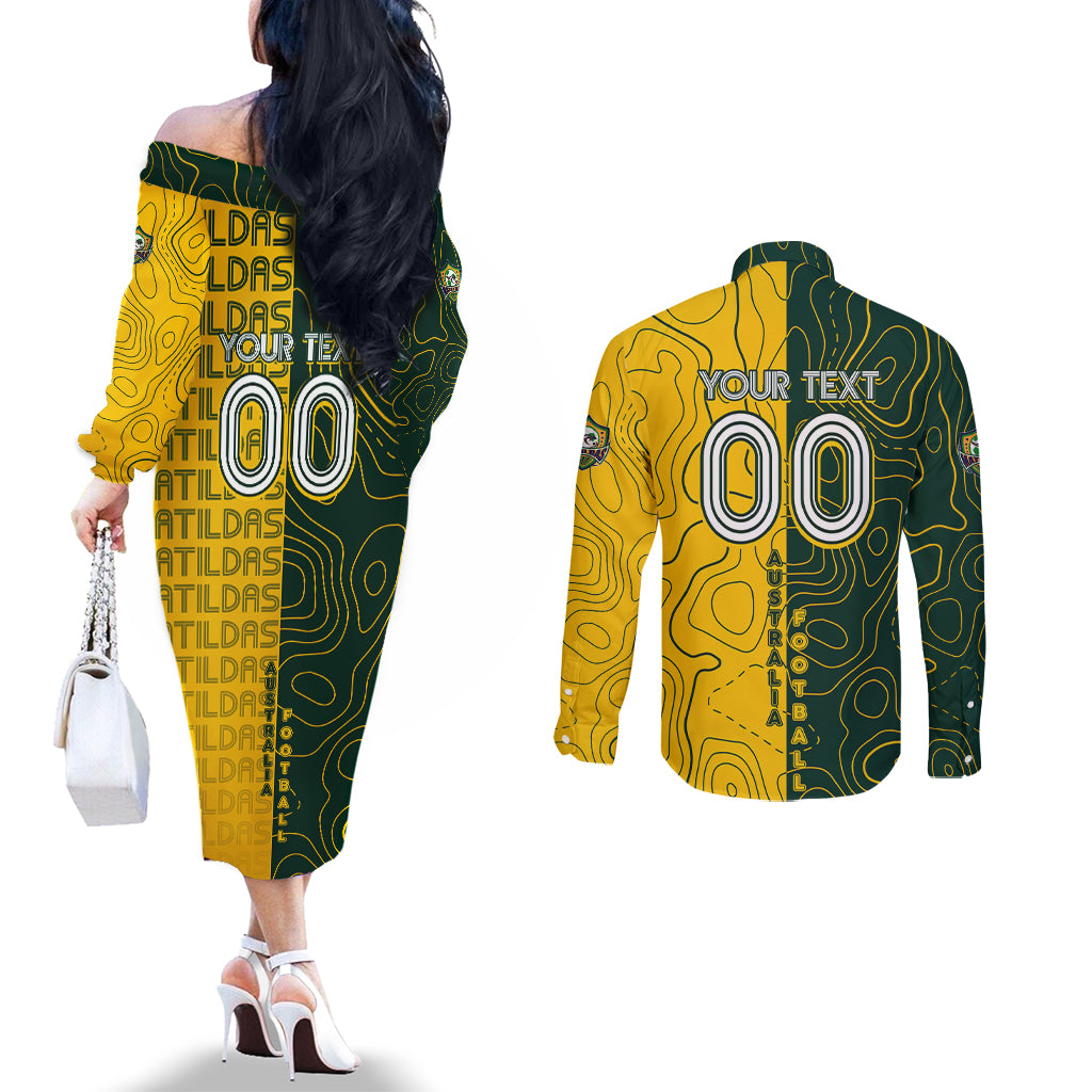Personalised Matildas Mascot Couples Matching Off The Shoulder Long Sleeve Dress and Long Sleeve Button Shirt Australia Football Topographic