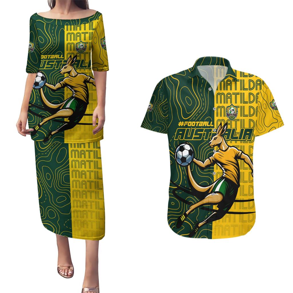 Personalised Matildas Mascot Couples Matching Puletasi and Hawaiian Shirt Australia Football Topographic