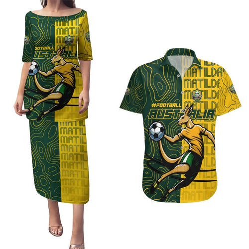 Personalised Matildas Mascot Couples Matching Puletasi and Hawaiian Shirt Australia Football Topographic
