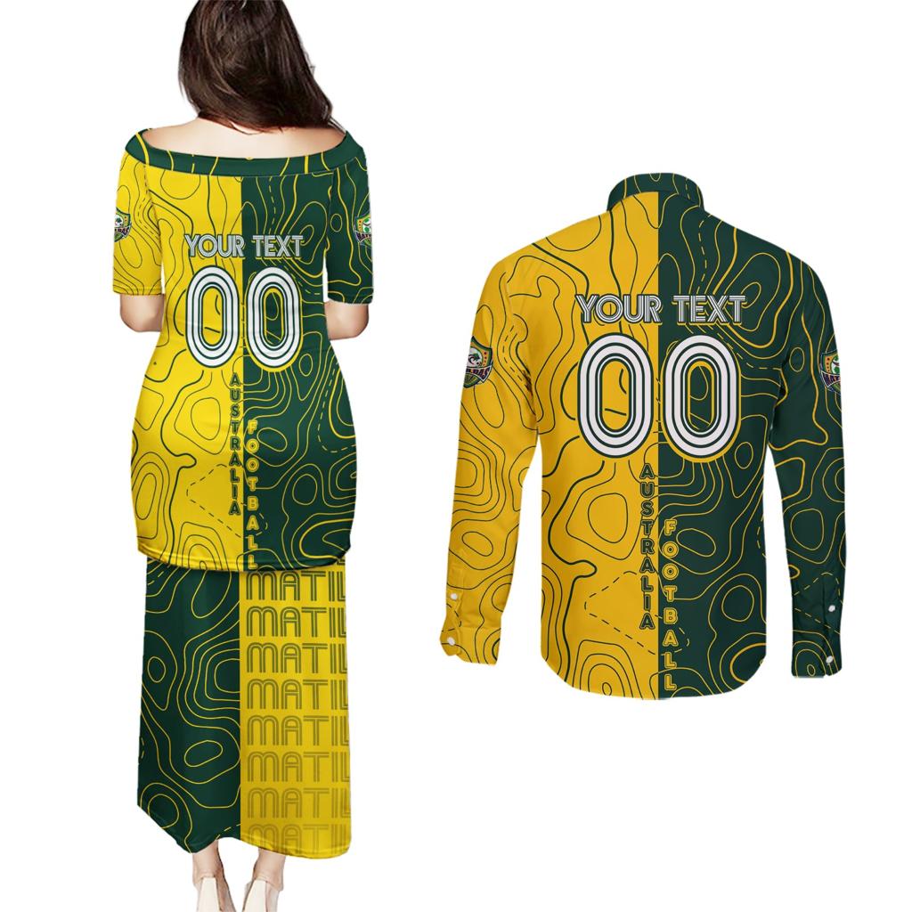Personalised Matildas Mascot Couples Matching Puletasi and Long Sleeve Button Shirt Australia Football Topographic