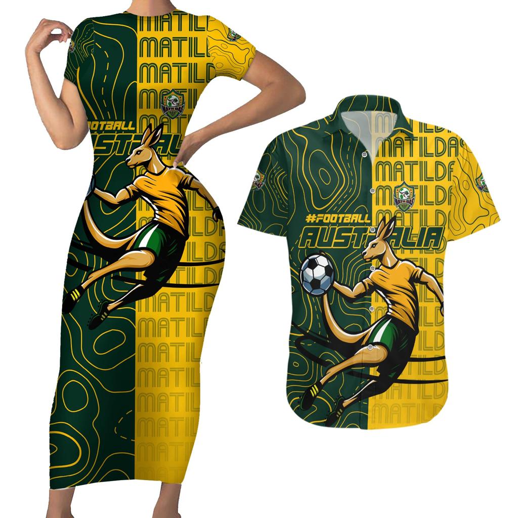 Personalised Matildas Mascot Couples Matching Short Sleeve Bodycon Dress and Hawaiian Shirt Australia Football Topographic