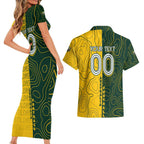 Personalised Matildas Mascot Couples Matching Short Sleeve Bodycon Dress and Hawaiian Shirt Australia Football Topographic