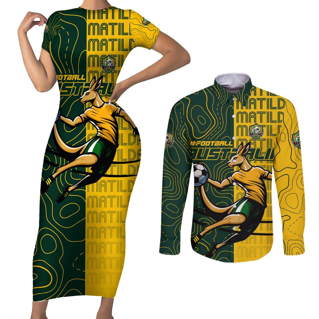 Personalised Matildas Mascot Couples Matching Short Sleeve Bodycon Dress and Long Sleeve Button Shirt Australia Football Topographic