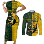 Personalised Matildas Mascot Couples Matching Short Sleeve Bodycon Dress and Long Sleeve Button Shirt Australia Football Topographic