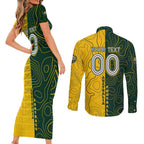 Personalised Matildas Mascot Couples Matching Short Sleeve Bodycon Dress and Long Sleeve Button Shirt Australia Football Topographic