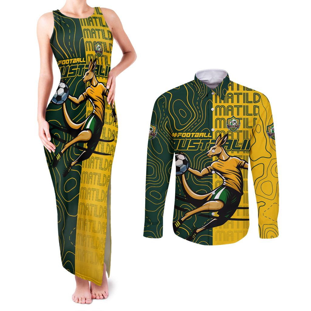 Personalised Matildas Mascot Couples Matching Tank Maxi Dress and Long Sleeve Button Shirt Australia Football Topographic