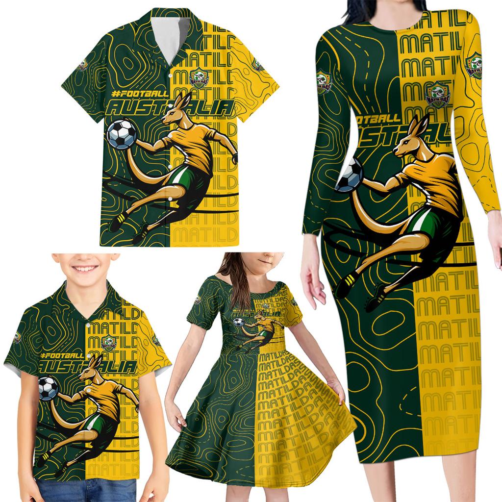 Personalised Matildas Mascot Family Matching Long Sleeve Bodycon Dress and Hawaiian Shirt Australia Football Topographic
