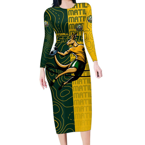 Personalised Matildas Mascot Family Matching Long Sleeve Bodycon Dress and Hawaiian Shirt Australia Football Topographic