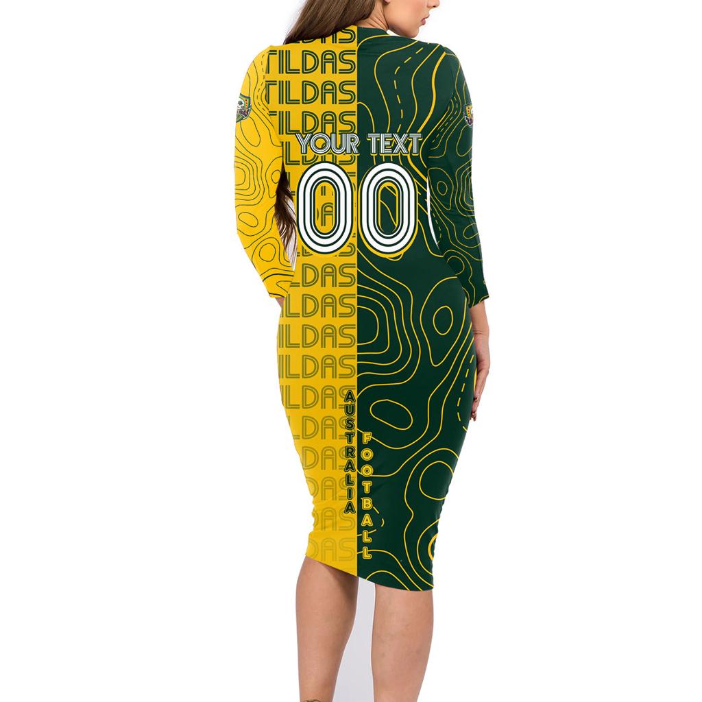 Personalised Matildas Mascot Family Matching Long Sleeve Bodycon Dress and Hawaiian Shirt Australia Football Topographic