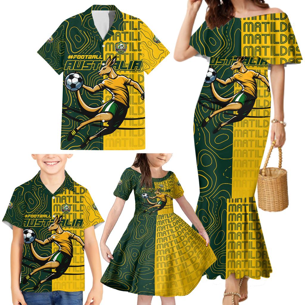Personalised Matildas Mascot Family Matching Mermaid Dress and Hawaiian Shirt Australia Football Topographic