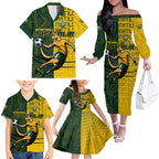 Personalised Matildas Mascot Family Matching Off The Shoulder Long Sleeve Dress and Hawaiian Shirt Australia Football Topographic