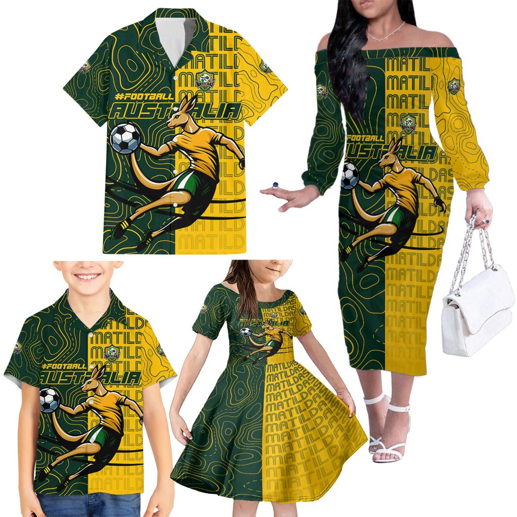 Personalised Matildas Mascot Family Matching Off The Shoulder Long Sleeve Dress and Hawaiian Shirt Australia Football Topographic