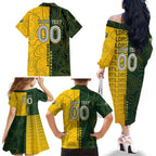 Personalised Matildas Mascot Family Matching Off The Shoulder Long Sleeve Dress and Hawaiian Shirt Australia Football Topographic