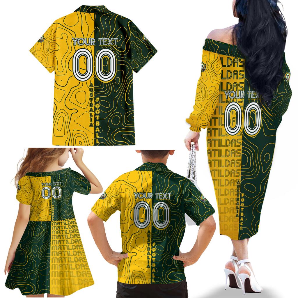 Personalised Matildas Mascot Family Matching Off The Shoulder Long Sleeve Dress and Hawaiian Shirt Australia Football Topographic