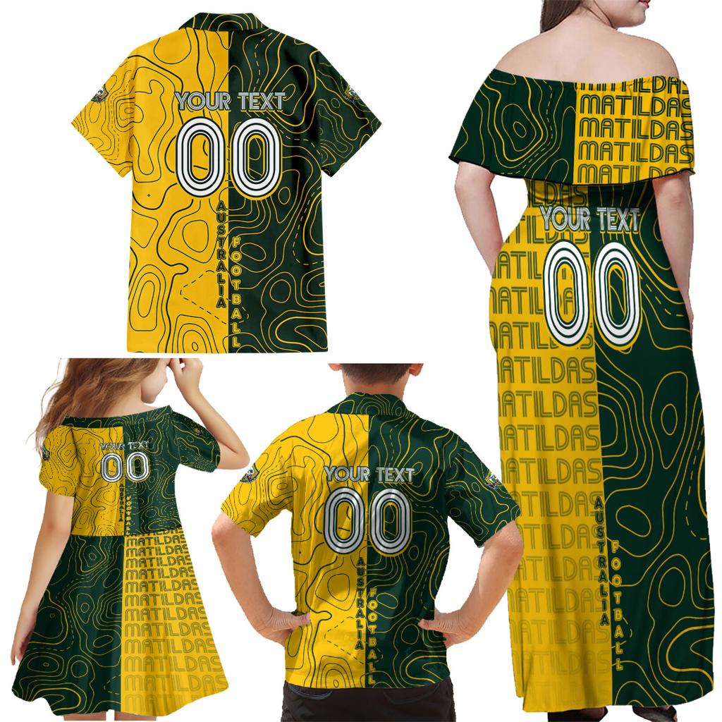 Personalised Matildas Mascot Family Matching Off Shoulder Maxi Dress and Hawaiian Shirt Australia Football Topographic
