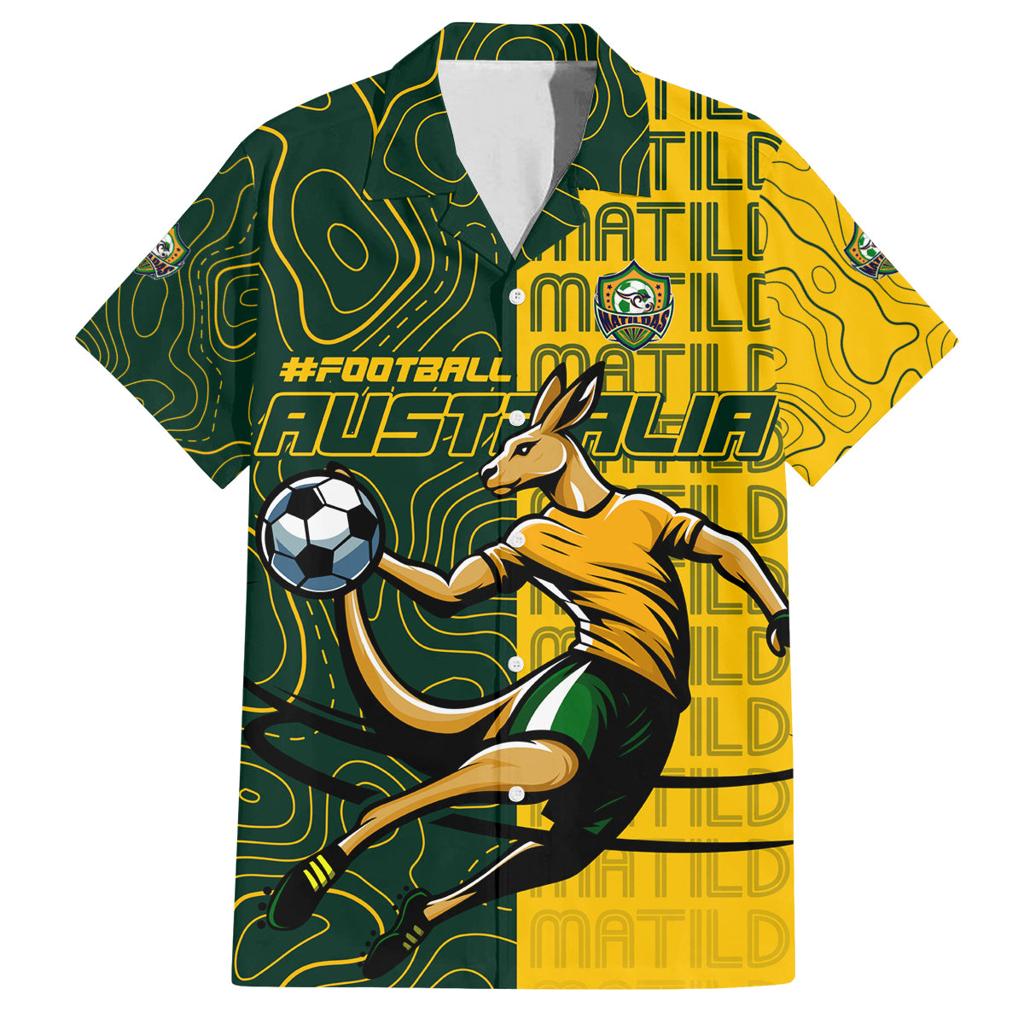 Personalised Matildas Mascot Family Matching Off Shoulder Maxi Dress and Hawaiian Shirt Australia Football Topographic