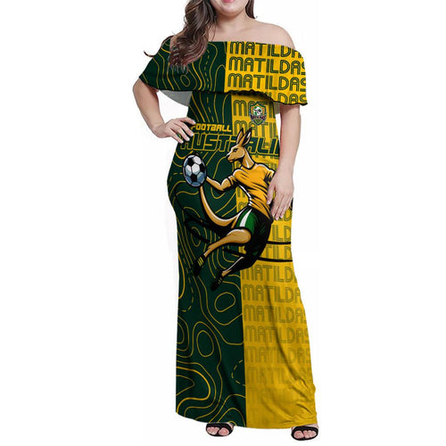 Personalised Matildas Mascot Family Matching Off Shoulder Maxi Dress and Hawaiian Shirt Australia Football Topographic