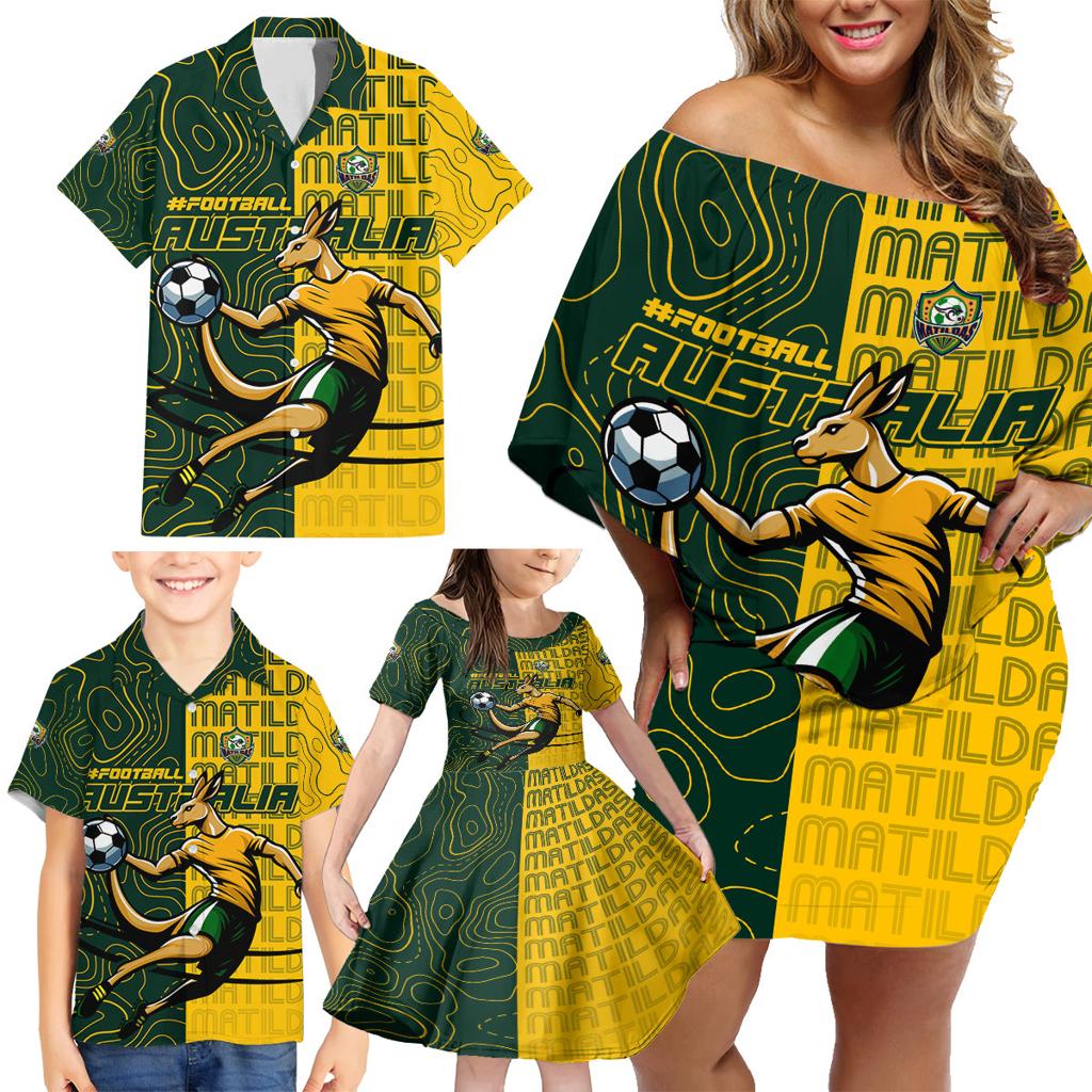 Personalised Matildas Mascot Family Matching Off Shoulder Short Dress and Hawaiian Shirt Australia Football Topographic