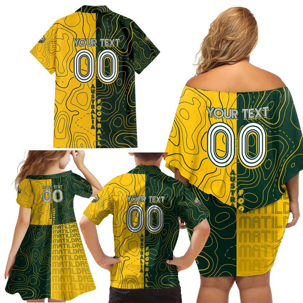 Personalised Matildas Mascot Family Matching Off Shoulder Short Dress and Hawaiian Shirt Australia Football Topographic