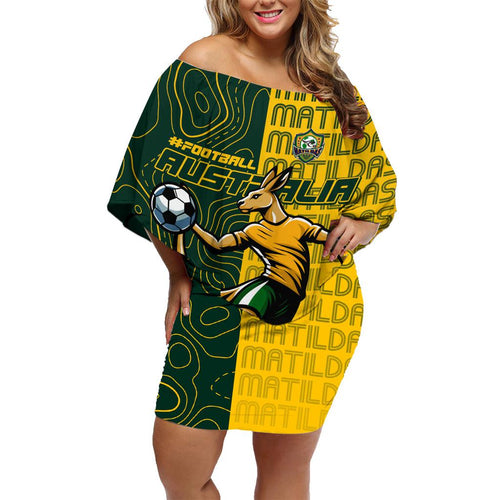 Personalised Matildas Mascot Family Matching Off Shoulder Short Dress and Hawaiian Shirt Australia Football Topographic