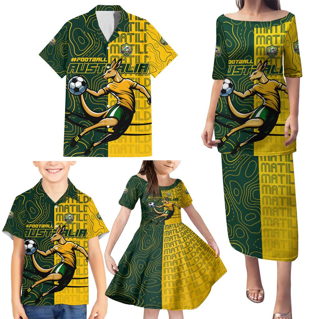 Personalised Matildas Mascot Family Matching Puletasi and Hawaiian Shirt Australia Football Topographic
