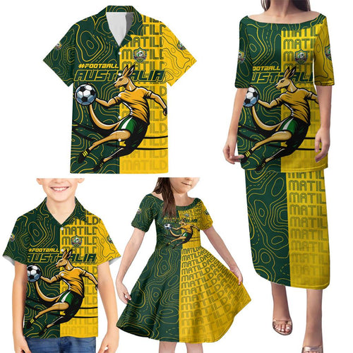 Personalised Matildas Mascot Family Matching Puletasi and Hawaiian Shirt Australia Football Topographic