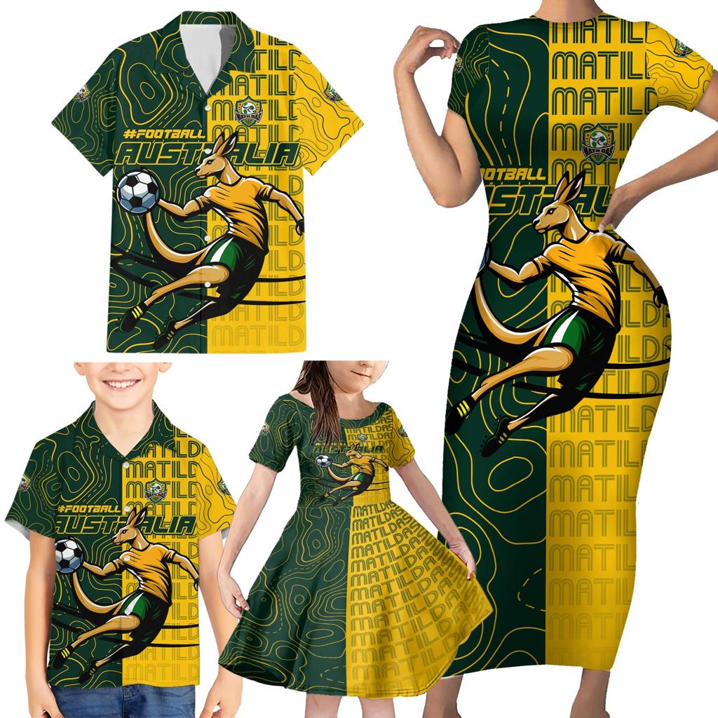 Personalised Matildas Mascot Family Matching Short Sleeve Bodycon Dress and Hawaiian Shirt Australia Football Topographic