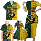 Personalised Matildas Mascot Family Matching Short Sleeve Bodycon Dress and Hawaiian Shirt Australia Football Topographic